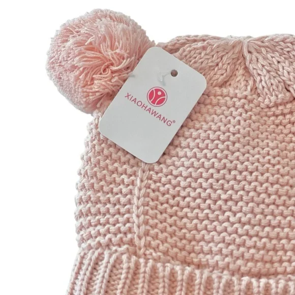 (NWT) Pink Baby Pom-Pom Knit Beanie Winter Hat w/ Earflaps & Tie | 0-1 Years Old - Picture 3 of 6